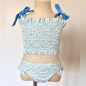 Minnow Swim girls bikini swimsuit Floral Smocked with Blue Ties ruffles